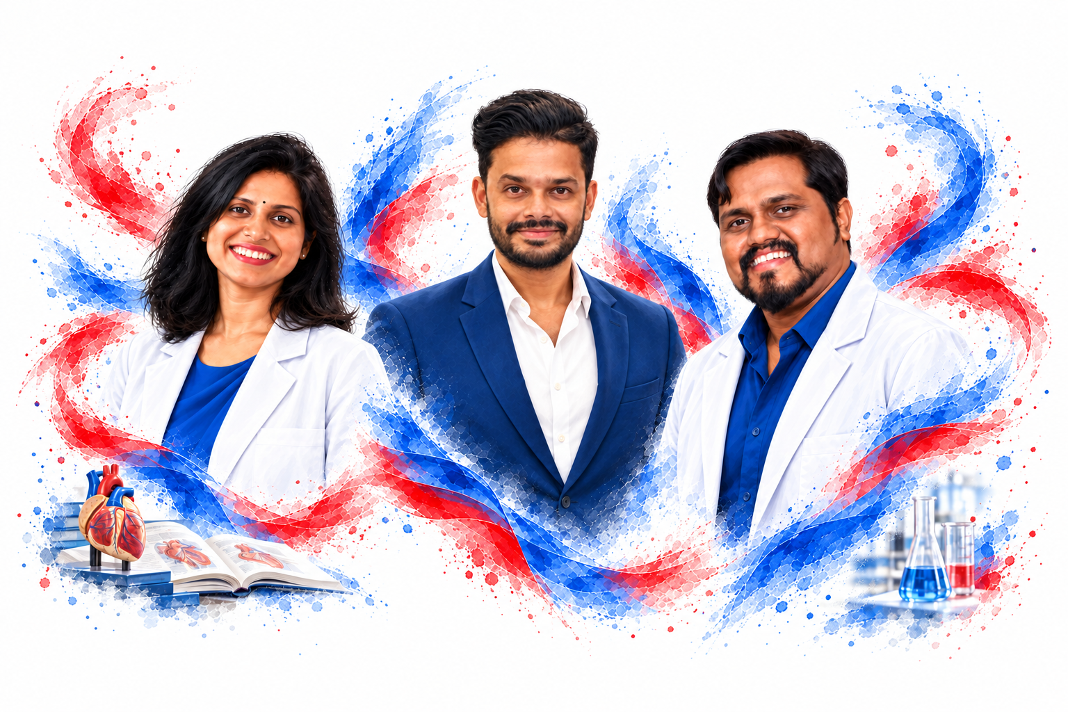 Illustrated portraits of three EduRussia alumni with subtle medical study and research details, joined by flowing red and blue paint